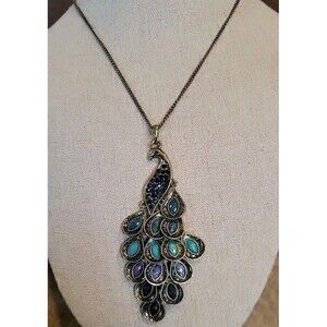 Vintage Pier 1 Imports Necklace 26" Peacock Pendant Dangle Crystal Statement
